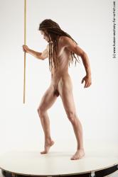 Nude Fighting with spear Man White Standing poses - ALL Slim Brown Standing poses - simple Dreadlocks Realistic